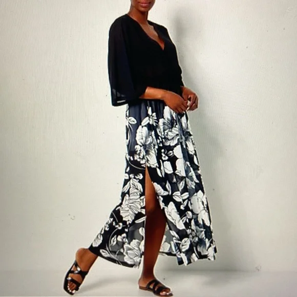 Jantzen 3/4 Sleeve Woven Maxi Duster Cover Up Black Floral Size M - Picture 2 of 15